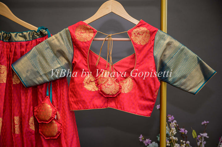 Lehengas - Chilli Red And Teal Blue Kanchi Silk Half Saree