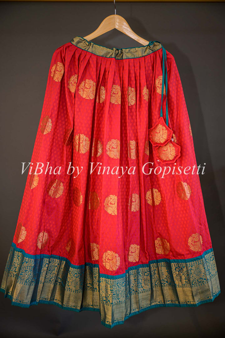 Lehengas - Chilli Red And Teal Blue Kanchi Silk Half Saree