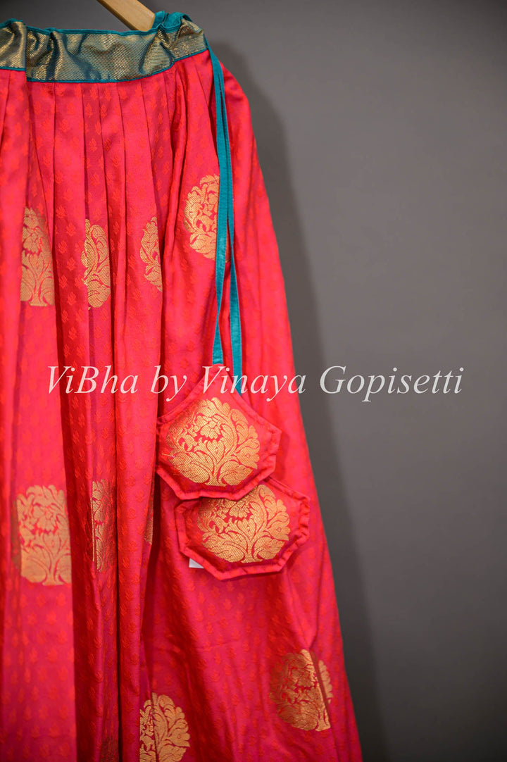 Lehengas - Chilli Red And Teal Blue Kanchi Silk Half Saree