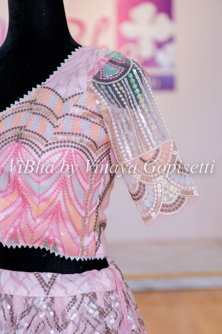 Lehengas - Light Pink Sequin Chevron Embroidered Lehenga