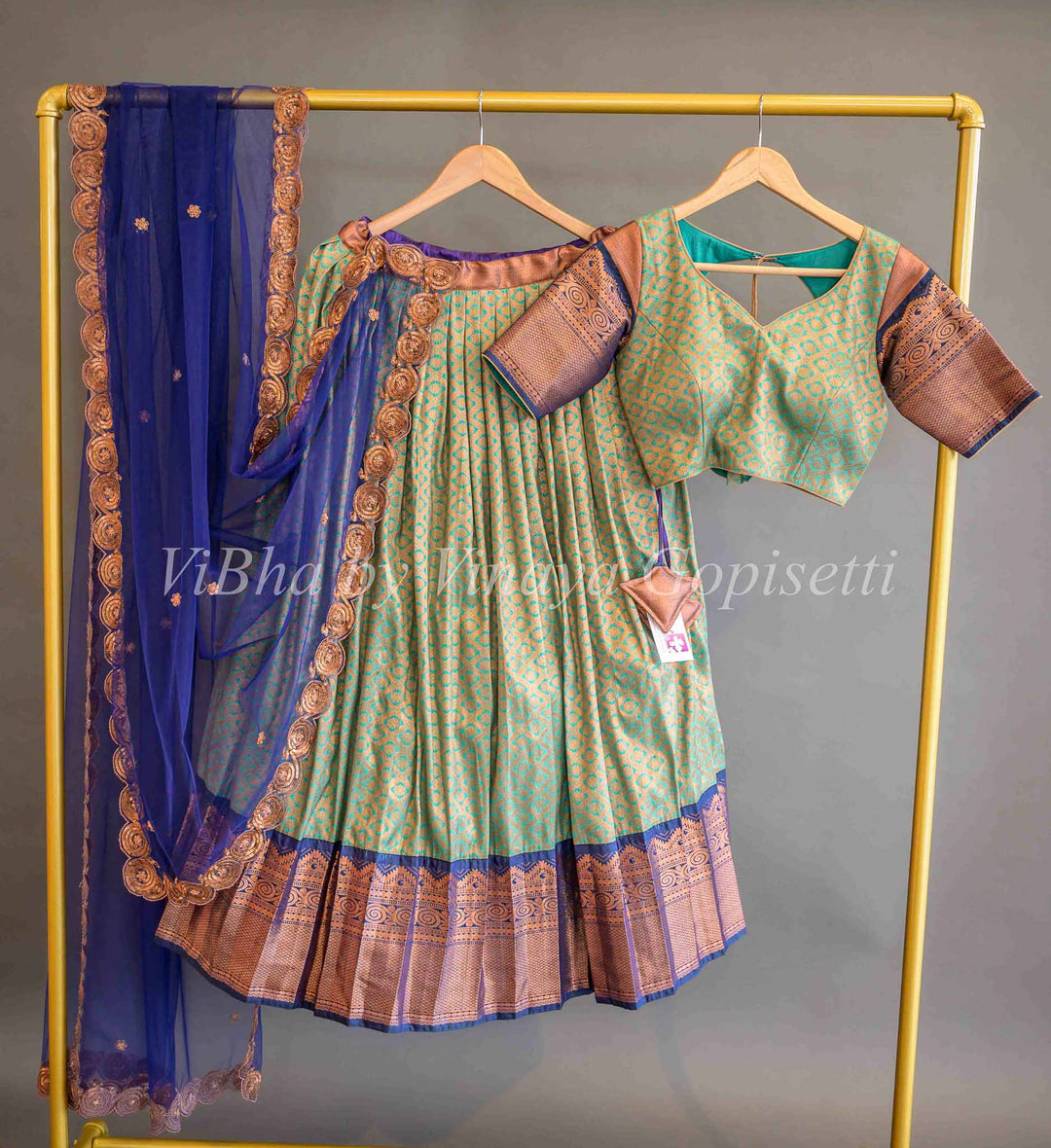 Lehengas - Mint Green And Ink Blue Copper Zari Kanchi Silk Halfsaree