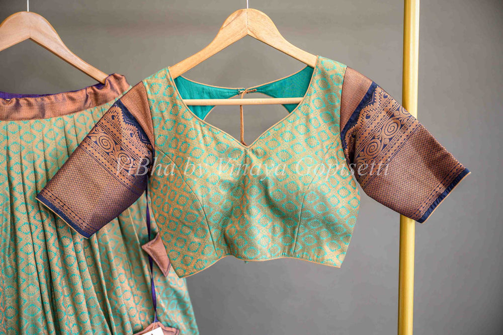 Lehengas - Mint Green And Ink Blue Copper Zari Kanchi Silk Halfsaree