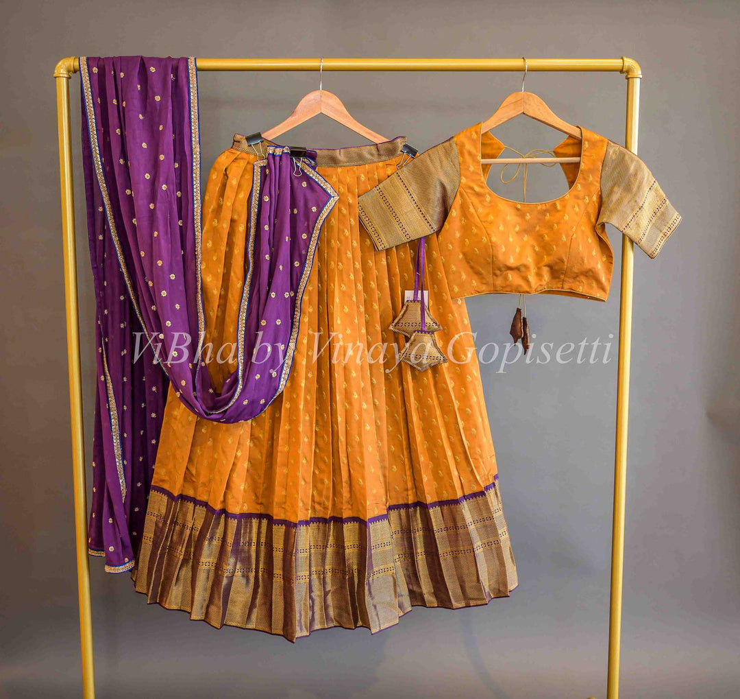 Lehengas - Mustard Yellow And Purple Copper Zari Kanchi Silk Halfsaree