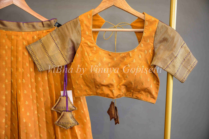Lehengas - Mustard Yellow And Purple Copper Zari Kanchi Silk Halfsaree