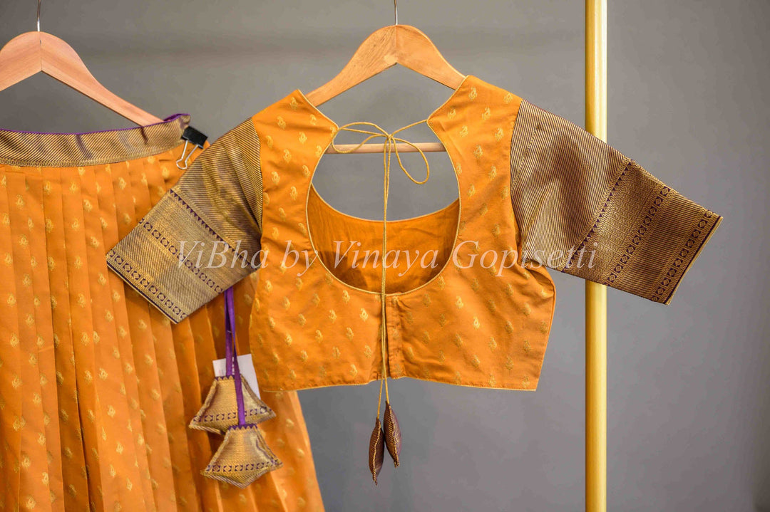 Lehengas - Mustard Yellow And Purple Copper Zari Kanchi Silk Halfsaree