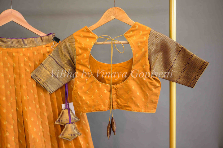 Lehengas - Mustard Yellow And Purple Copper Zari Kanchi Silk Halfsaree