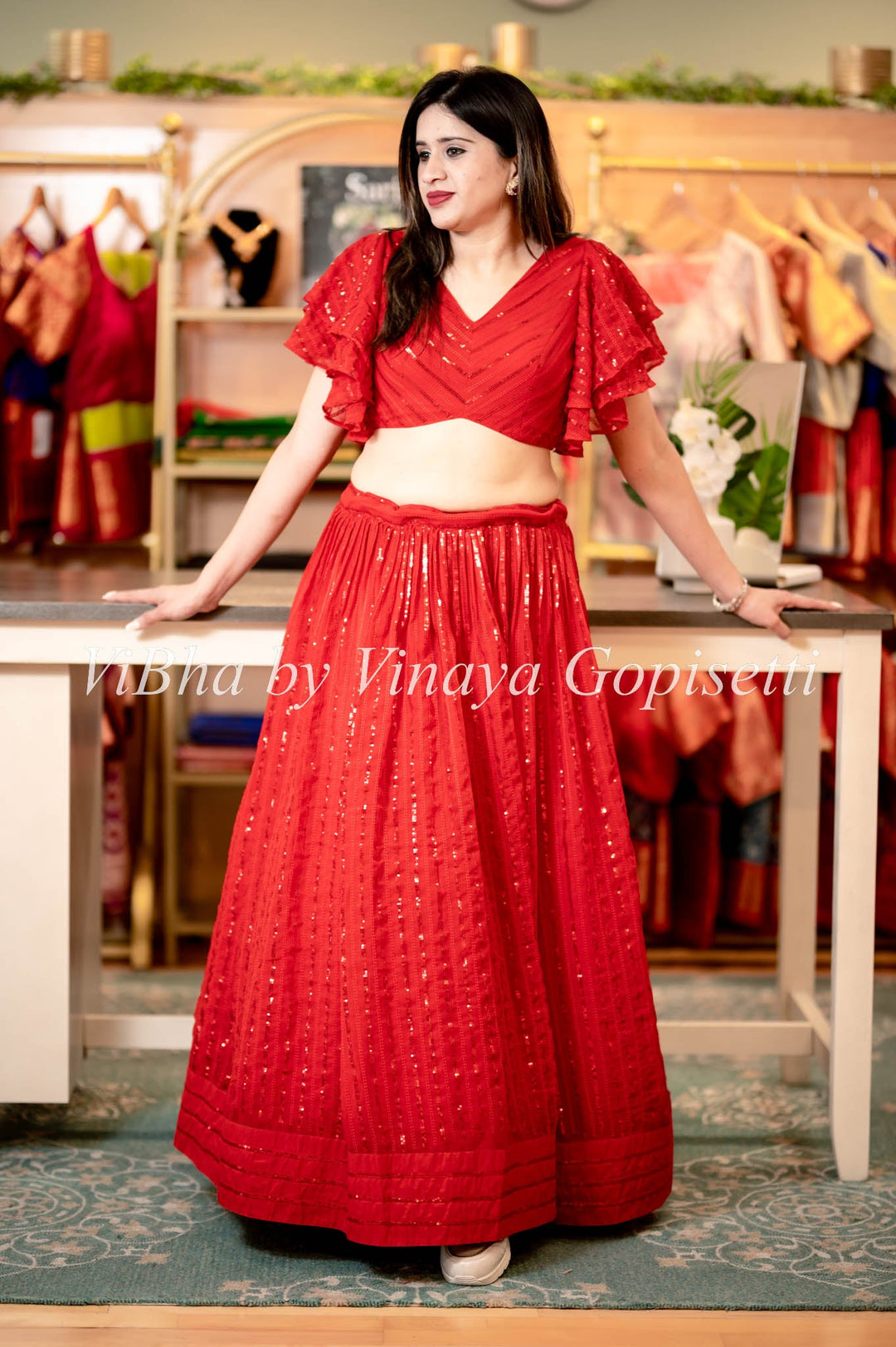 Red Georgette Skirt Crop Top with Ruffle Sleeves Vibha – ViBha