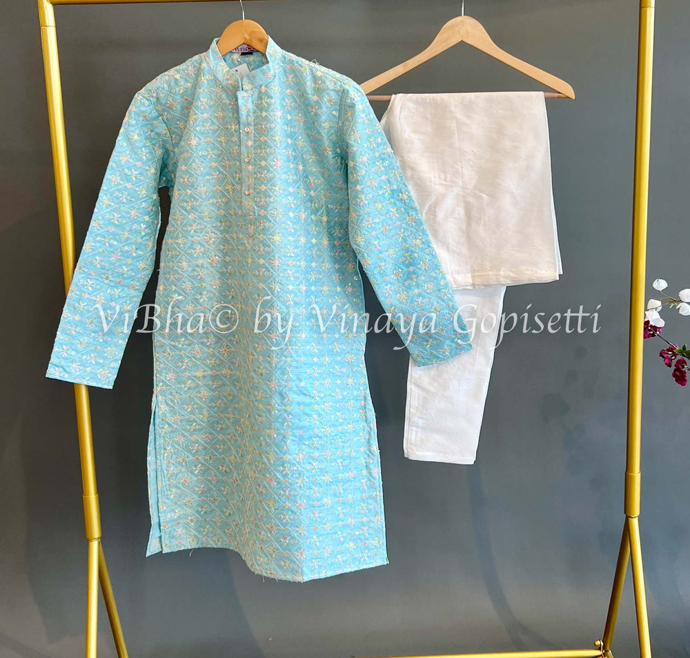 Men's Wear - Dark Sky Blue Floral Thread Embroidered Kurta With Bottom