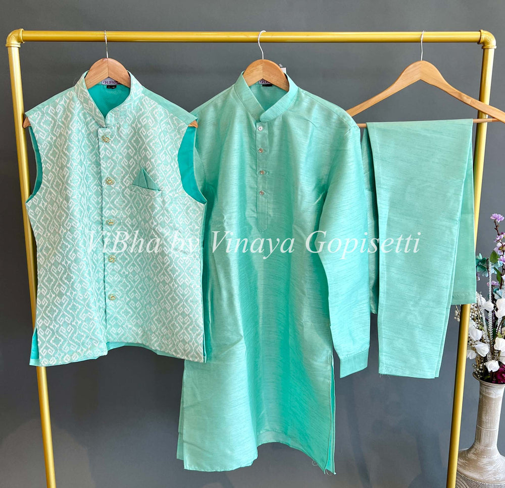 Men's Wear - Turquoise Color Kurta And Bottom With Vest