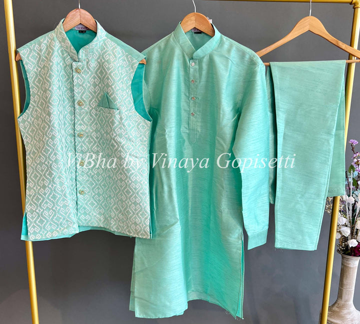 Men's Wear - Turquoise Color Kurta And Bottom With Vest