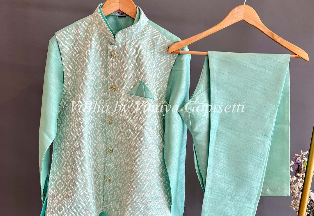 Men's Wear - Turquoise Color Kurta And Bottom With Vest