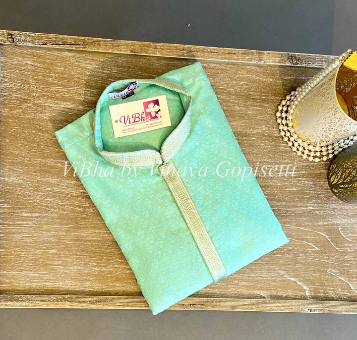 Mens Wear - Mint Color Embellished Neck Silk Kurta And Bottom
