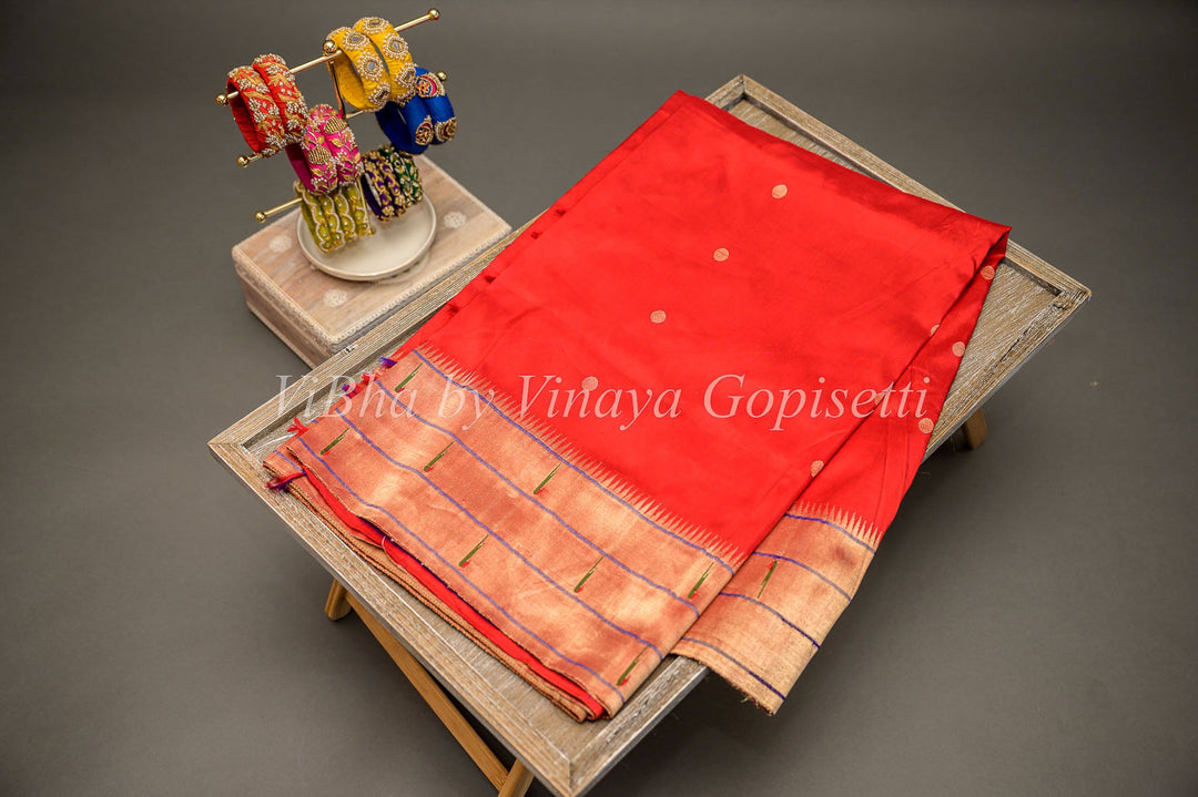 Sarees - Chilli Red Paithani Silk Saree With Triple Muniya And Mor Pallu
