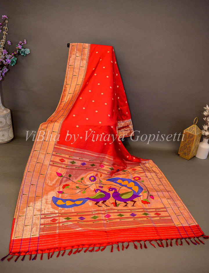 Sarees - Chilli Red Paithani Silk Saree With Triple Muniya And Mor Pallu