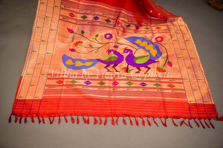 Sarees - Chilli Red Paithani Silk Saree With Triple Muniya And Mor Pallu