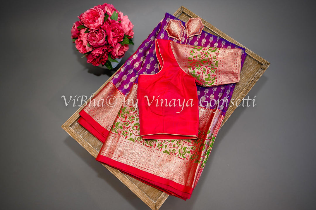 Sarees - Dark Purple And Red Combination Venkatagiri Silk Saree And Blouse