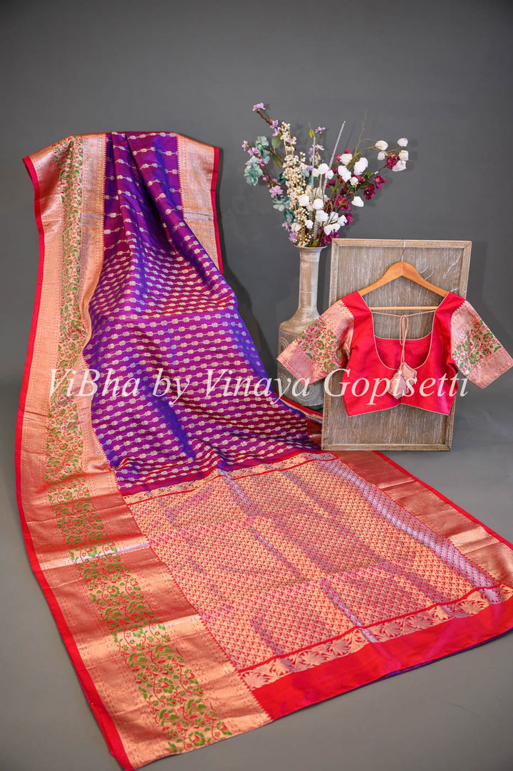 Sarees - Dark Purple And Red Combination Venkatagiri Silk Saree And Blouse