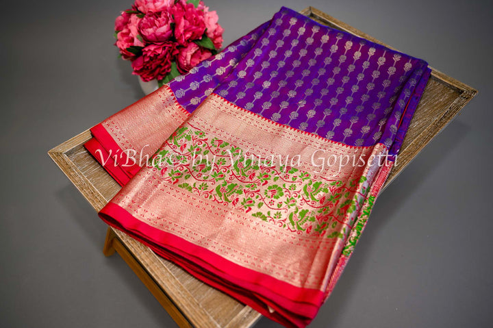 Sarees - Dark Purple And Red Combination Venkatagiri Silk Saree And Blouse