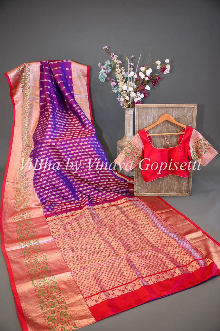 Sarees - Dark Purple And Red Combination Venkatagiri Silk Saree And Blouse