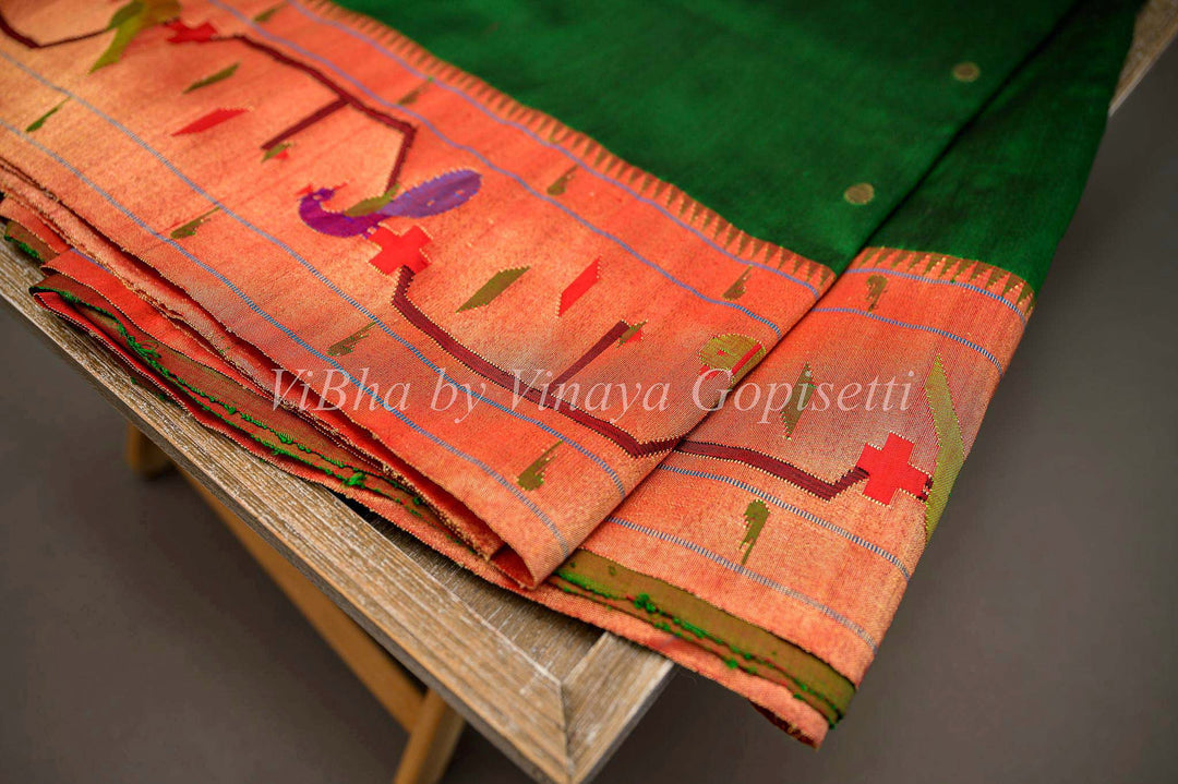 Sarees - Green Paithani Silk Saree With Brocket Border And Manuiya Pallu