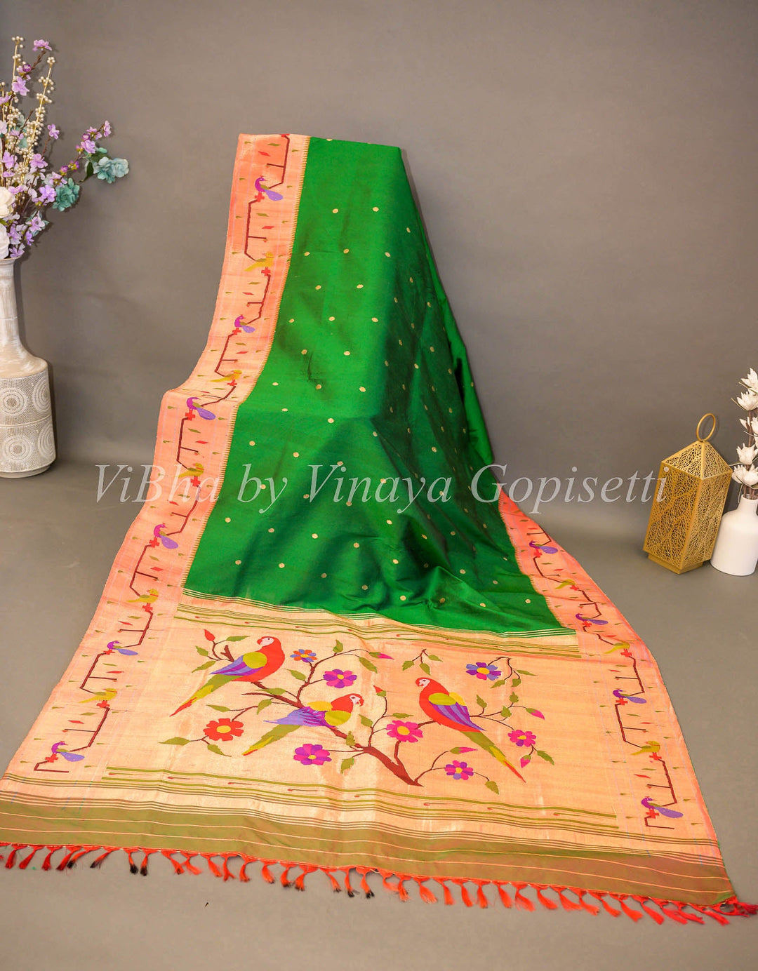 Sarees - Green Paithani Silk Saree With Brocket Border And Manuiya Pallu