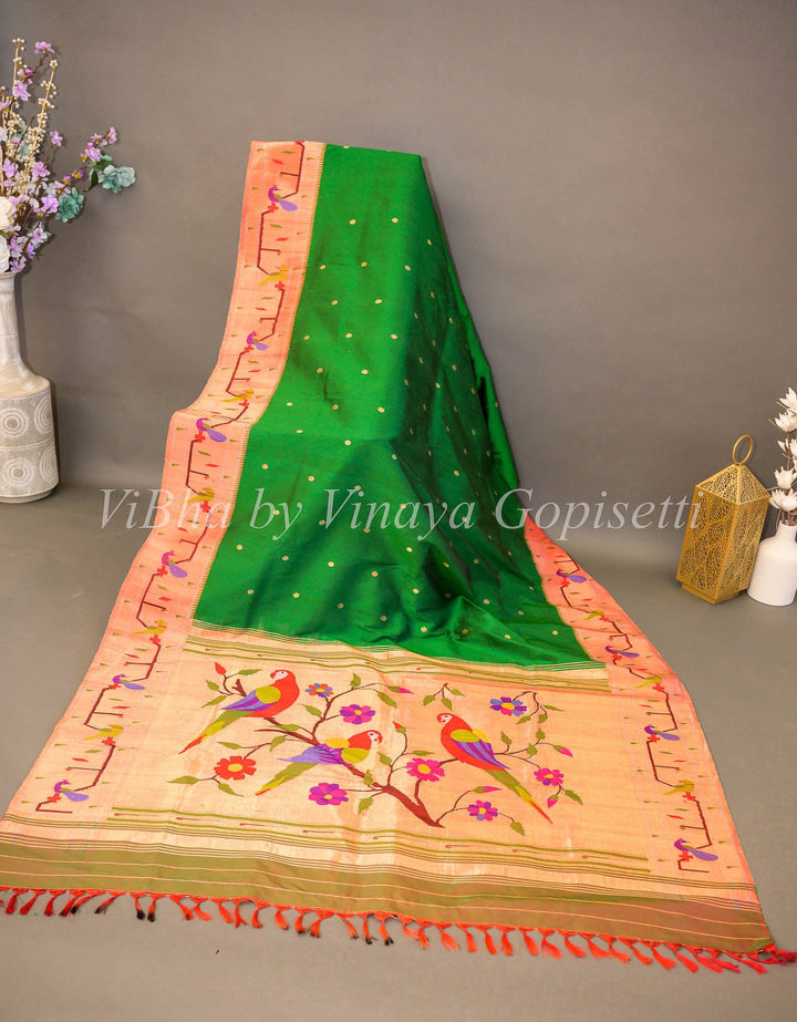 Sarees - Green Paithani Silk Saree With Brocket Border And Manuiya Pallu