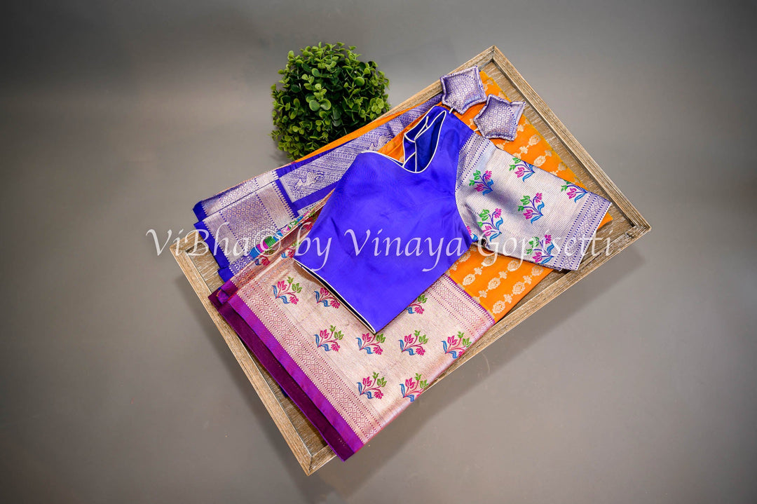 Sarees - Tangerine And Royal Blue Combination Venkatagiri Silk Saree And Blouse