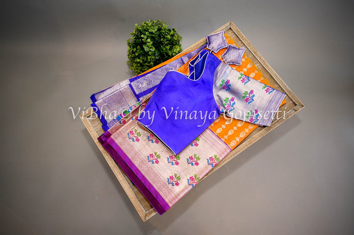 Sarees - Tangerine And Royal Blue Combination Venkatagiri Silk Saree And Blouse
