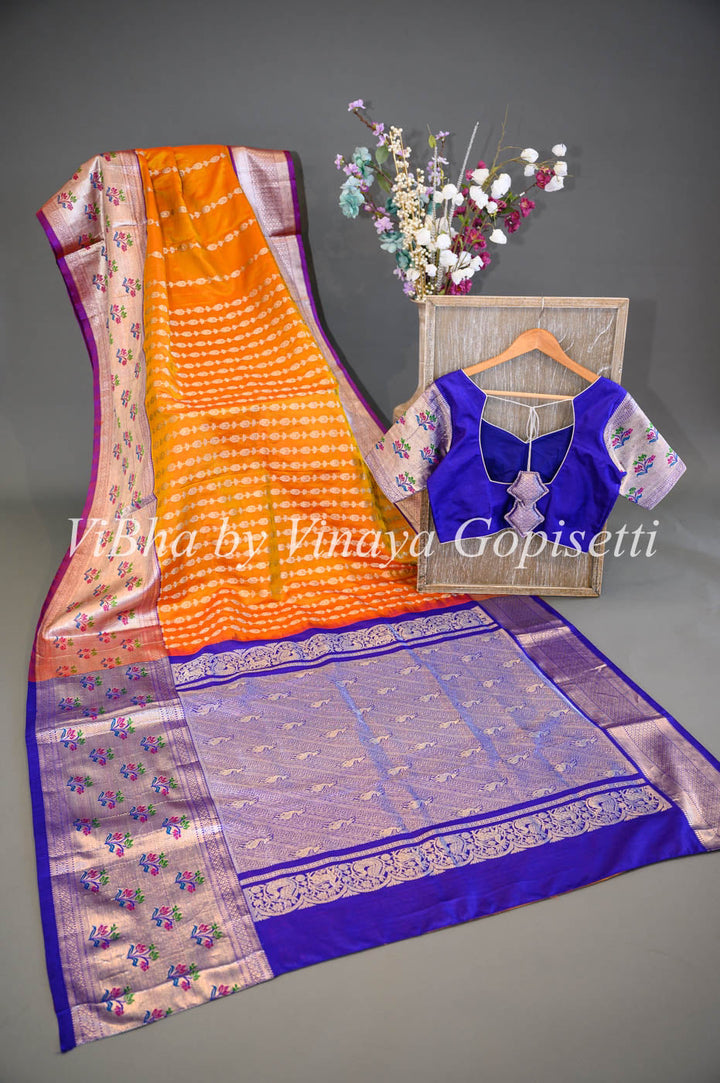 Sarees - Tangerine And Royal Blue Combination Venkatagiri Silk Saree And Blouse