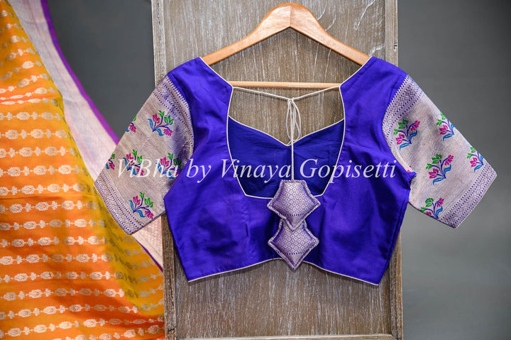 Sarees - Tangerine And Royal Blue Combination Venkatagiri Silk Saree And Blouse