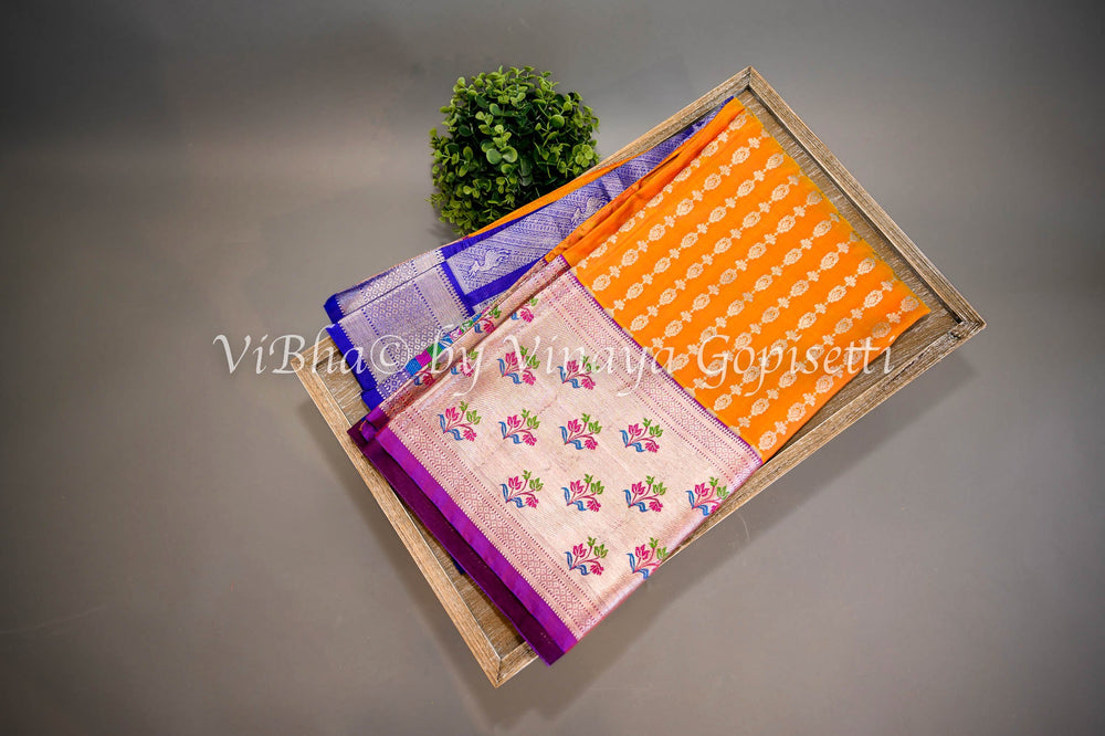 Sarees - Tangerine And Royal Blue Combination Venkatagiri Silk Saree And Blouse