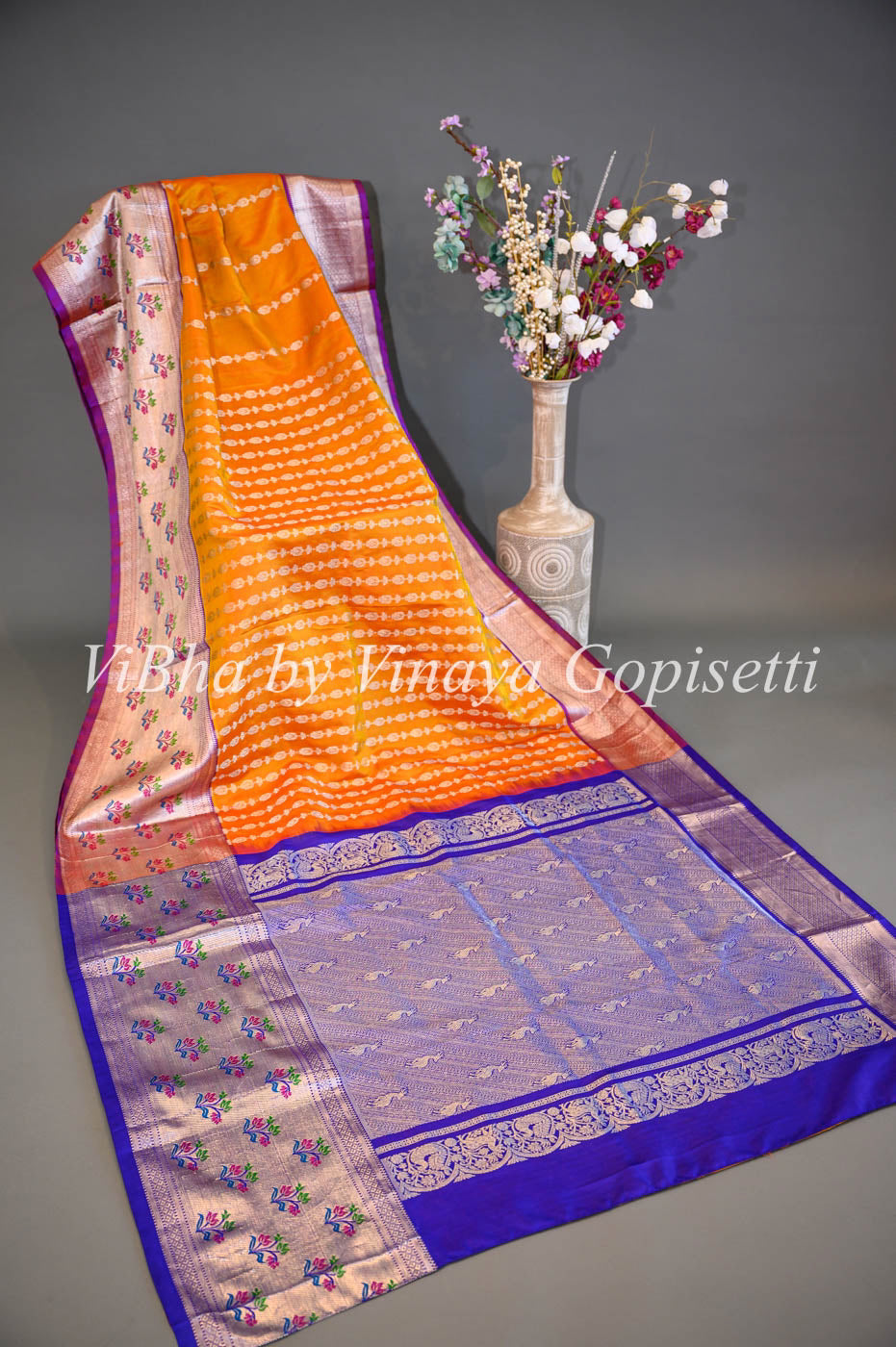 Sarees - Tangerine And Royal Blue Combination Venkatagiri Silk Saree And Blouse