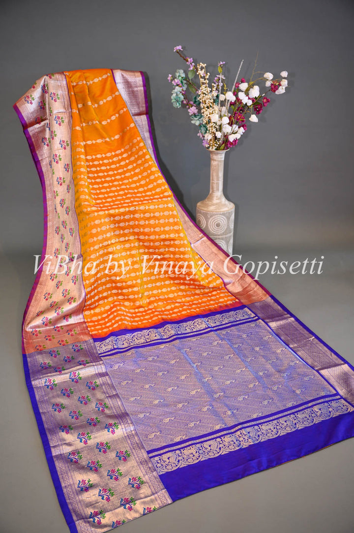 Sarees - Tangerine And Royal Blue Combination Venkatagiri Silk Saree And Blouse