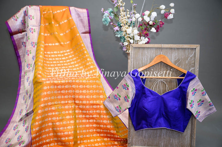 Sarees - Tangerine And Royal Blue Combination Venkatagiri Silk Saree And Blouse