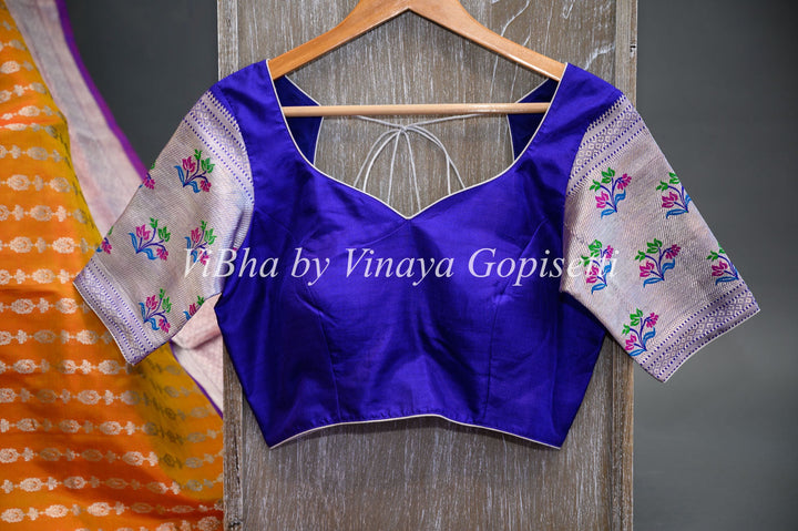 Sarees - Tangerine And Royal Blue Combination Venkatagiri Silk Saree And Blouse