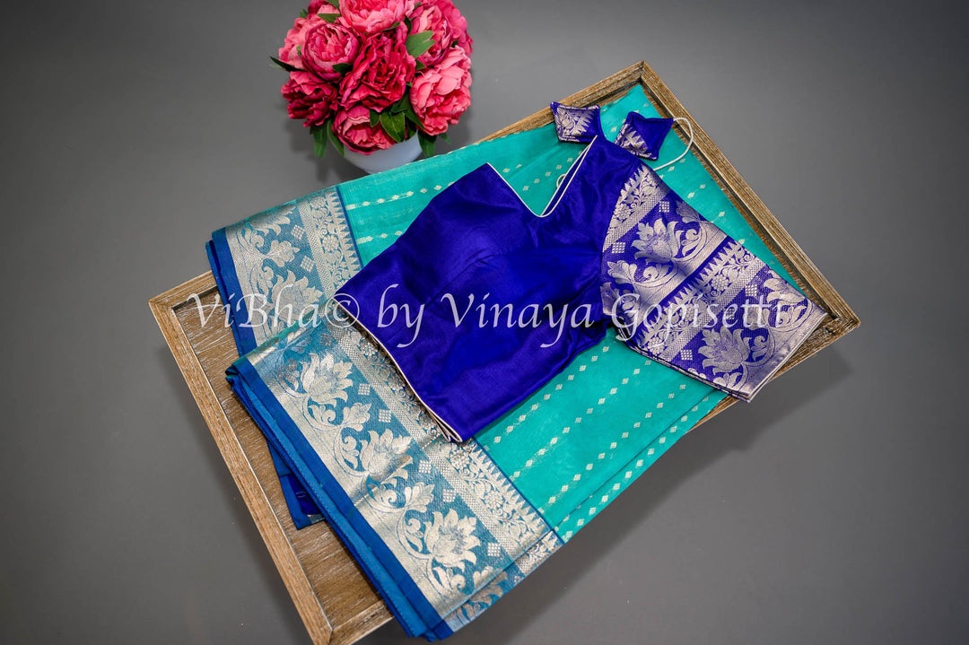 Sarees - Teal Blue And Royal Blue Combination Venkatagiri Silk Saree And Blouse