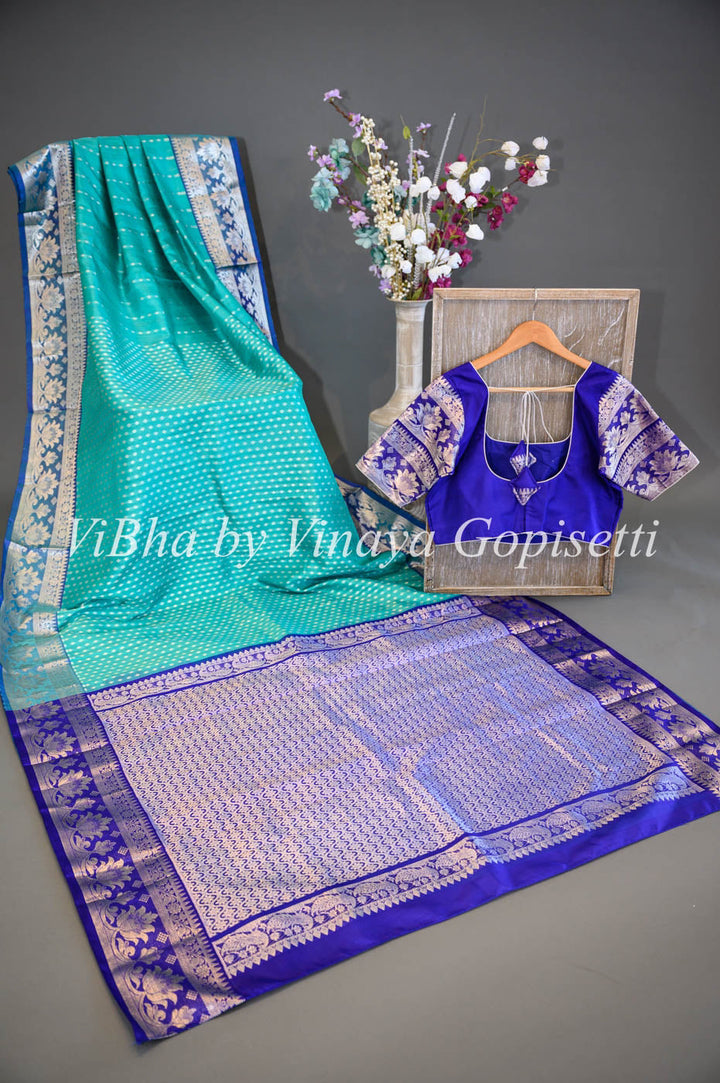 Sarees - Teal Blue And Royal Blue Combination Venkatagiri Silk Saree And Blouse