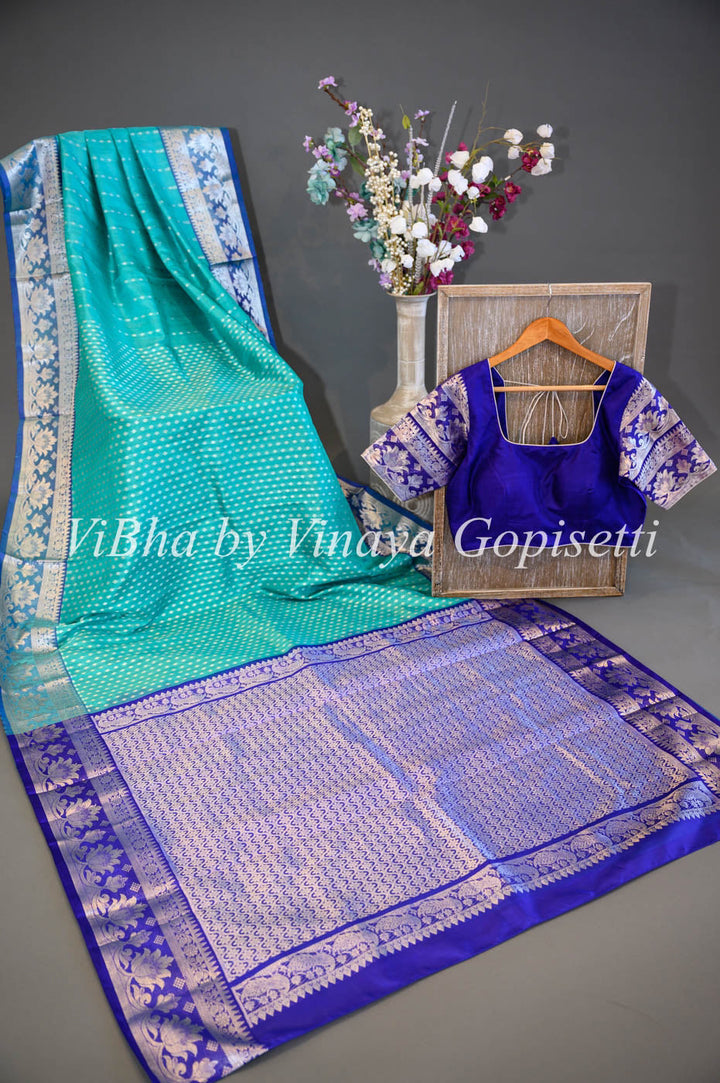 Sarees - Teal Blue And Royal Blue Combination Venkatagiri Silk Saree And Blouse