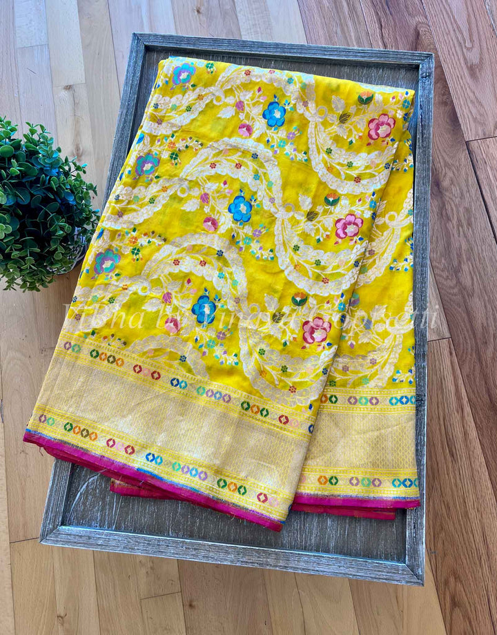 Sarees - Yellow Meenakari Jungla Weave Banarasi Saree