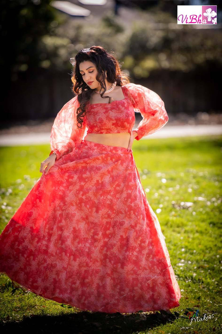 SKIRT CROPTOP - Orange Floral Organza Skirt Croptop