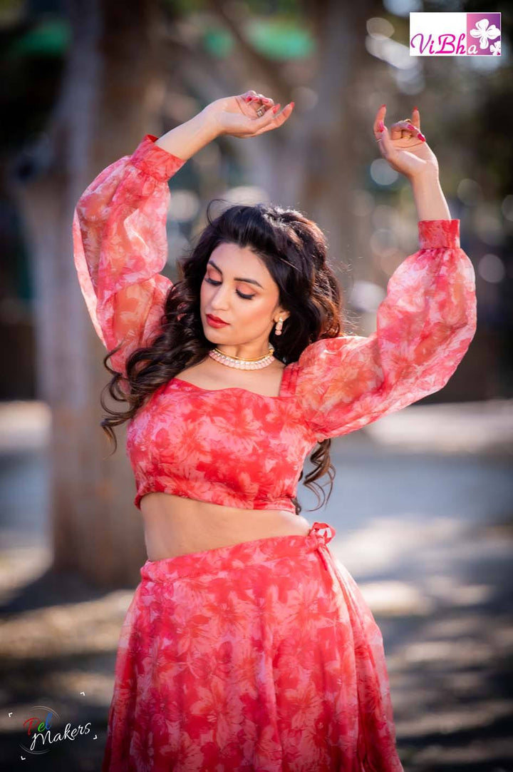 SKIRT CROPTOP - Orange Floral Organza Skirt Croptop