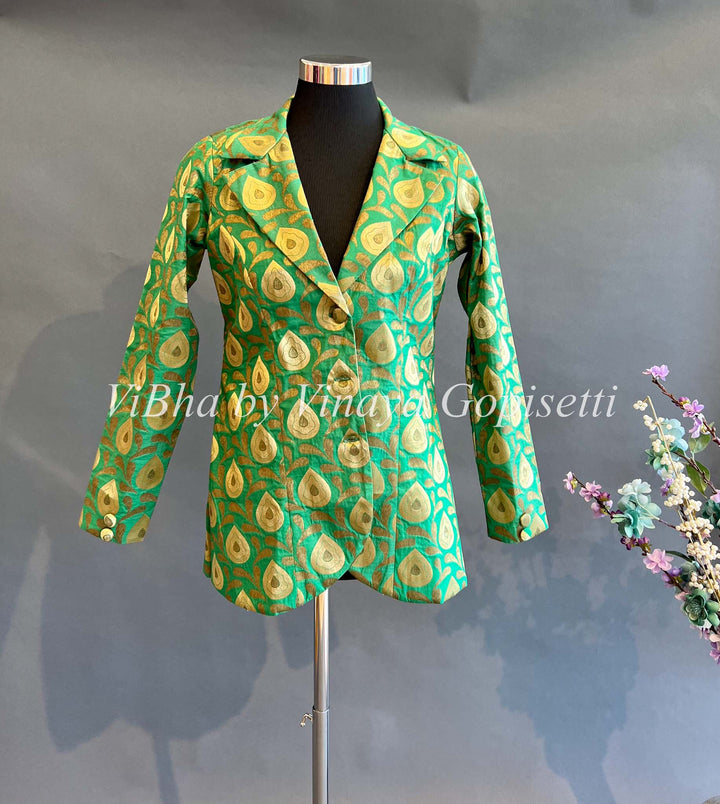 Womens Kurta - Green Jacket Style Banarasi Silk Cardigan
