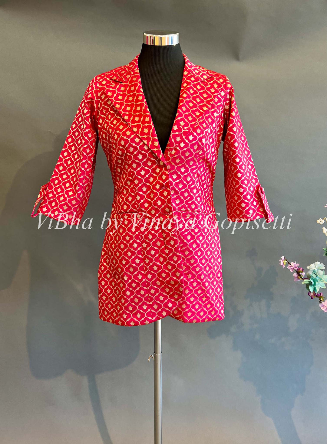 Womens Kurta - Red Jacket Style Banarasi Silk Cardigan